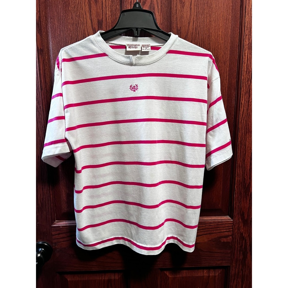 VTG 90s Huntington Ridge Striped T-Shirt Short Sleeve Casual Top Pink White M‎
